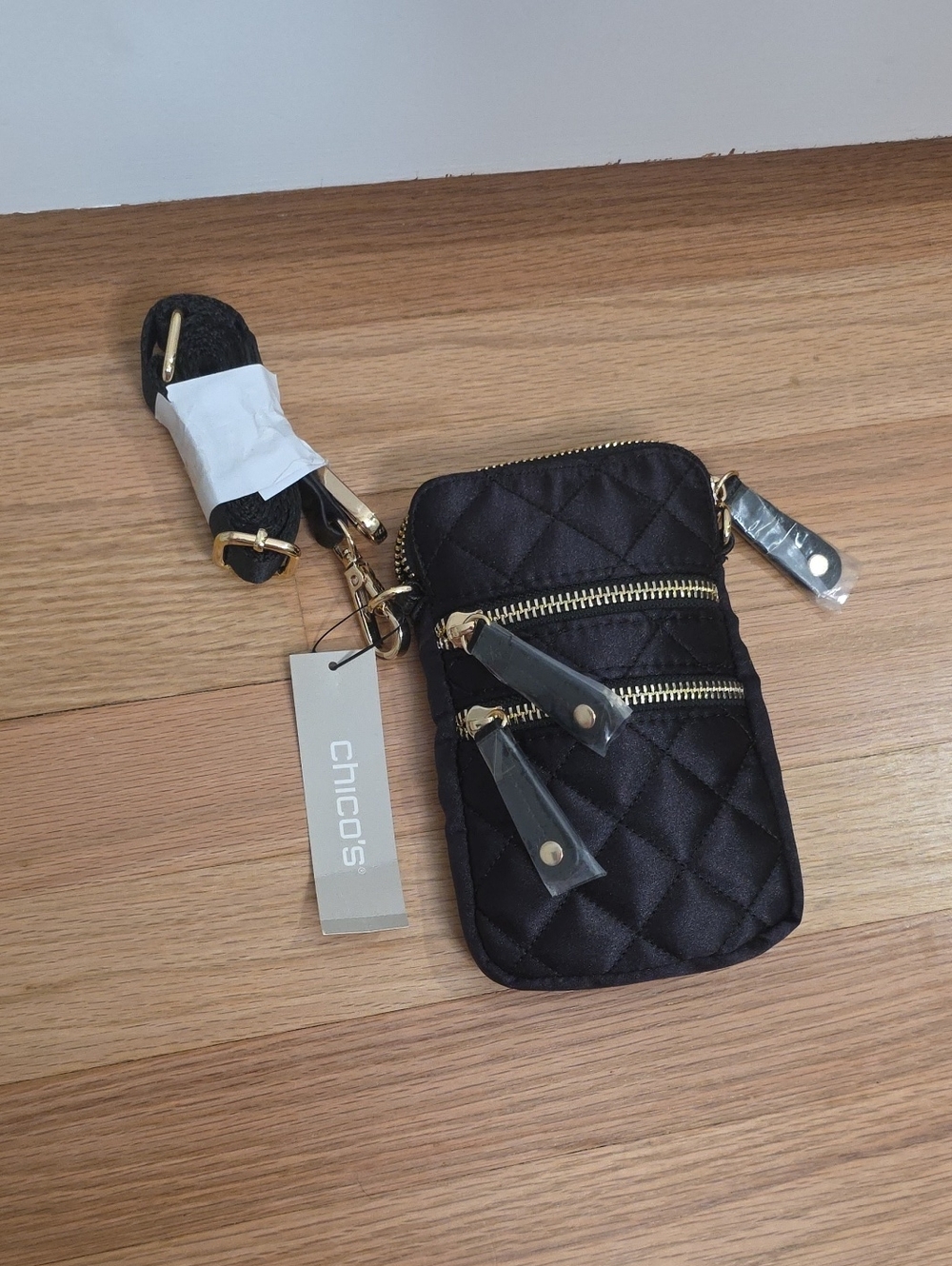 Chico's Quilted Black Crossbody Phone Pouch with Gold Zippers